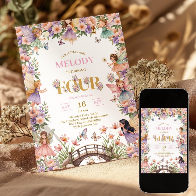 Whimsical Fairy blomma 4-års födelsedagsinbjudan Inbjudningar (Skapare uppladdad)