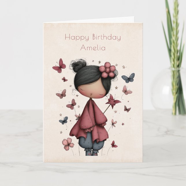 Whimsical Fairy Doll Retro Cute Birthday Kort (Framsida)