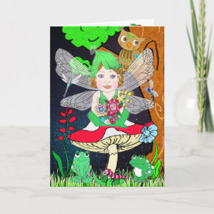 Whimsical Fairy Elf på Magic Mushroom Birthday Kort