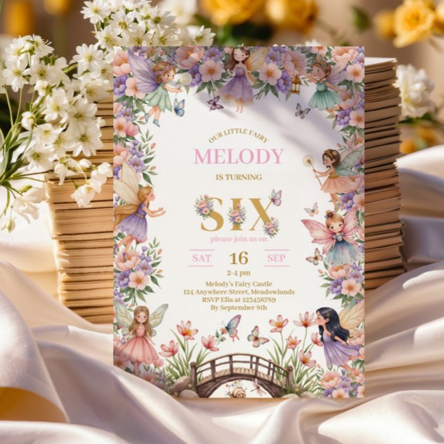 Whimsical Fairy flower 6th birthday Invitation Inbjudningar (Skapare uppladdad)