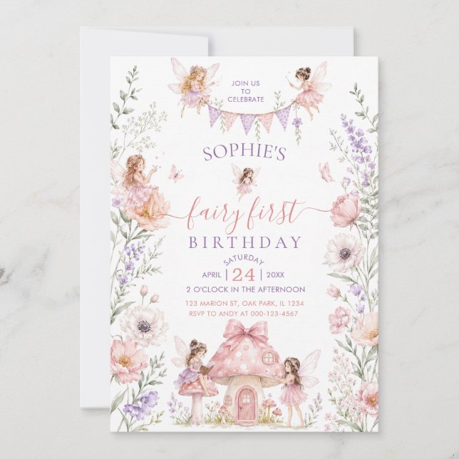 Whimsical Fairy Första födelsedag Förtrollad skog Inbjudningar (Framsida)