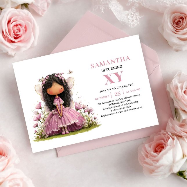 Whimsical Fairy Girl 6-års födelsedags inbjudan i  (Whimsical Fairy Girl 6th Birthday Rose Gold invitation)