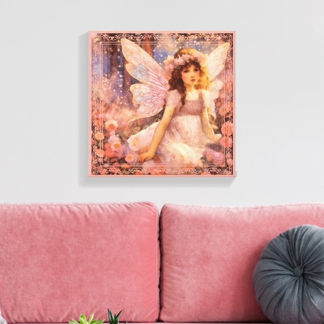 Whimsical Fairy in Dreamy Pink Floral Garden Canvastryck (Insitu (Vardagsrum))