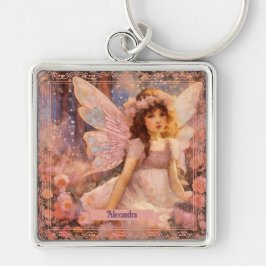Whimsical Fairy in Dreamy Pink Floral Garden Fyrkantig Silverfärgad Nyckelring