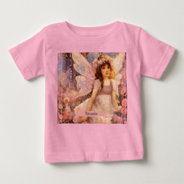 Whimsical Fairy in Dreamy Pink Floral Garden T Shirt (Framsida)
