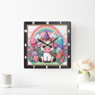Whimsical Fairy Ko Rainbow Fyrkantig Klocka