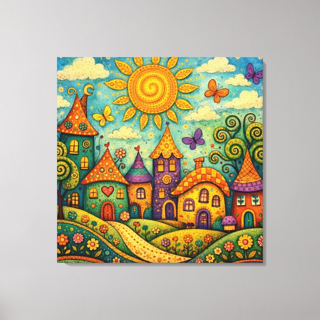 Whimsical Fairy Tale Village Colorful Canvas Art (Framsida)