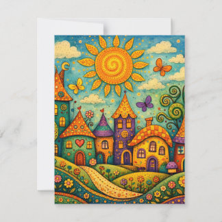 Whimsical Fairy Tale Village Colorful Canvas Art Anteckningskort