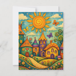 Whimsical Fairy Tale Village Colorful Canvas Art Anteckningskort