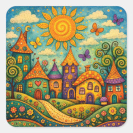 Whimsical Fairy Tale Village Colorful Canvas Art Fyrkantigt Klistermärke