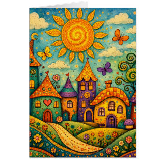 Whimsical Fairy Tale Village Colorful Canvas Art Hälsningskort
