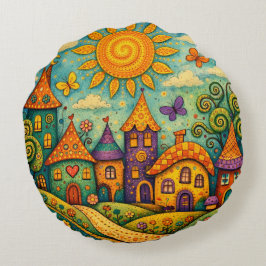Whimsical Fairy Tale Village Colorful Canvas Art Rund Kudde