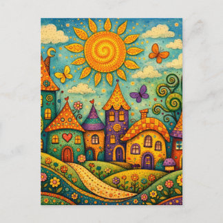 Whimsical Fairy Tale Village Colorful Canvas Art Vykort