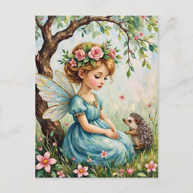 Whimsical Fairy with Hedgehog in Enchanted Garden Vykort (Framsida)