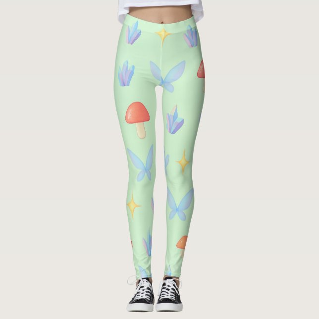 Whimsical Fairycore-mönster – Svampar, Kristaller  Leggings (Framsida)