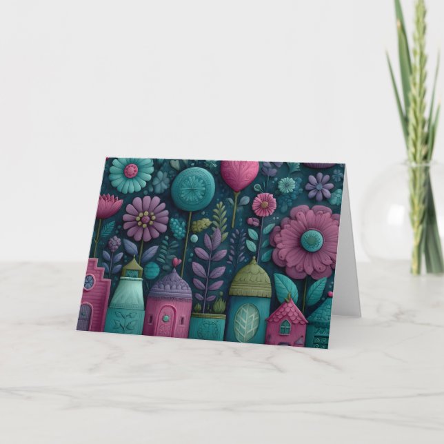 Whimsical Fairytale Blommönster Kort (Framsida)