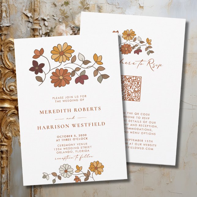 Whimsical Fall Blommigt QR-koden Bröllop Inbjudningar (Whimsical Retro Boho Floral Wedding Invitation for Mix and Match Collection)