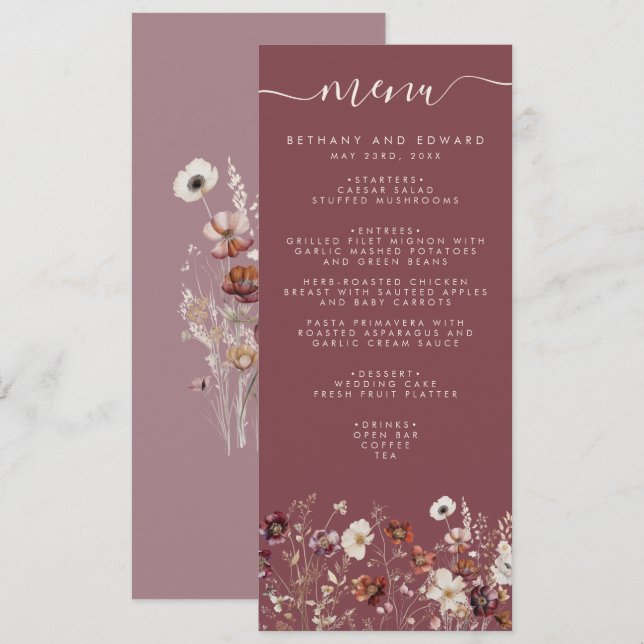 Whimsical Fall Dried Flowers Mauve Wedding Meny (Fram/baksida)