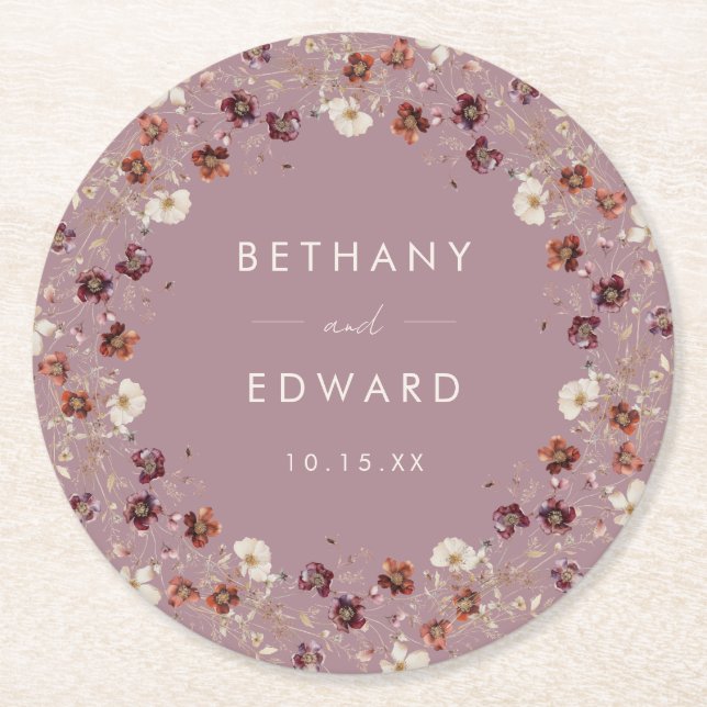 Whimsical Fall Dried Flowers Mauve Wedding Underlägg Papper Rund (Framsidan)