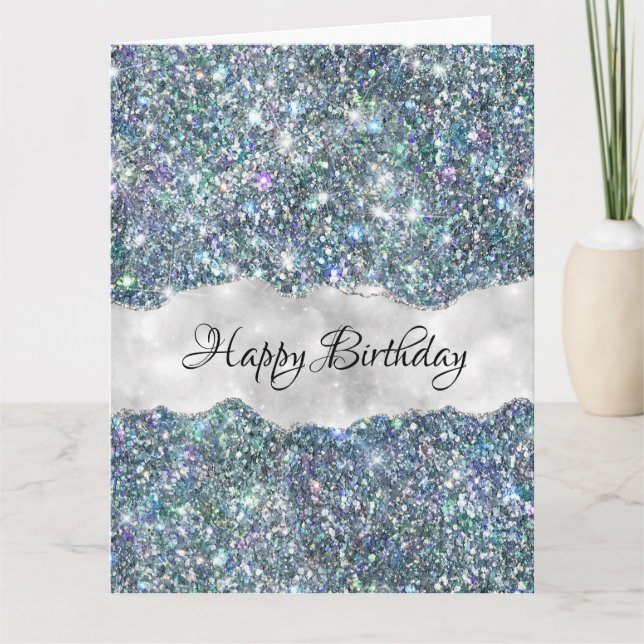 Whimsical Falsk Blå och Silver Glitter Födelsedag Kort (Framsida)