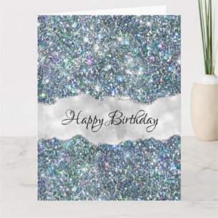 Whimsical Falsk Blå och Silver Glitter Födelsedag Kort