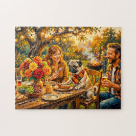Whimsical Familj BBQ Terrass Mops Illustration Pussel