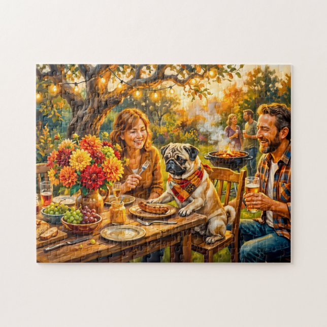 Whimsical Familj BBQ Terrass Mops Illustration Pussel (Horisontell)
