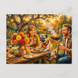 Whimsical Familj BBQ Terrass Mops Illustration Vykort