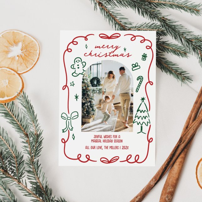 Whimsical familjefoto ritad för hand julkort (Whimsical Hand Drawn Family Photo Christmas Card)