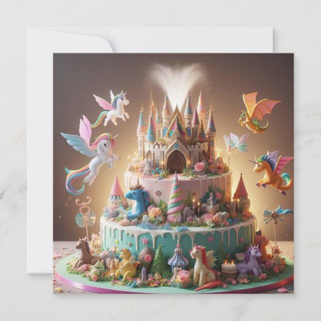 WHIMSICAL FANTASTIC UNICORN & CASTLE BIRTHDAY CAKE KORT (Framsida)
