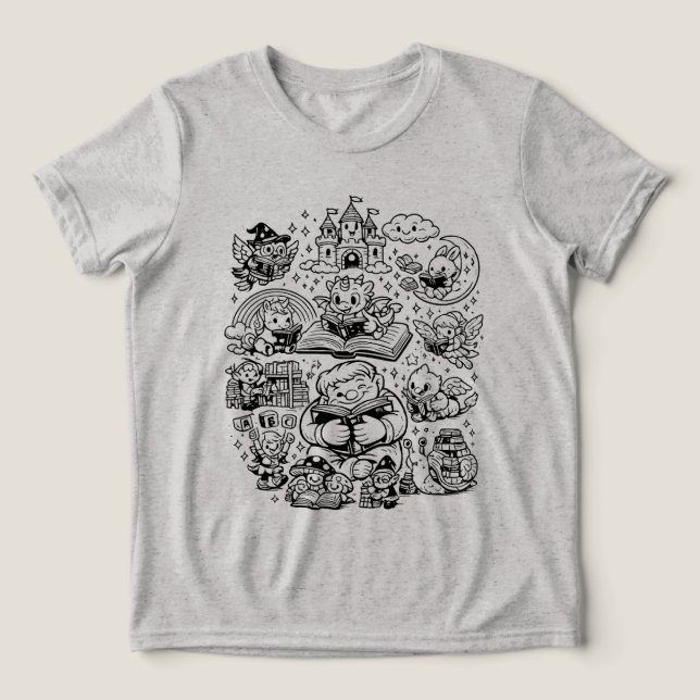 Whimsical Fantasy Läsning Doodle Barn  T Shirt (Design Framsida)