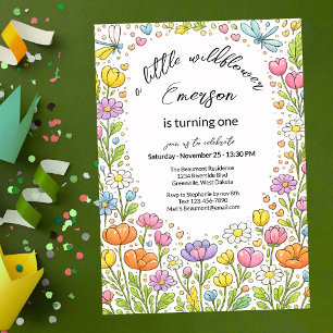 Whimsical Färgglad Liten Vildblomma 1-års Födelsed Inbjudningar