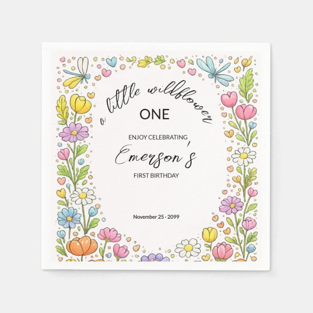 Whimsical Färgglad Liten Vildblomma 1-års Födelsed Pappersservett (Framsidan)