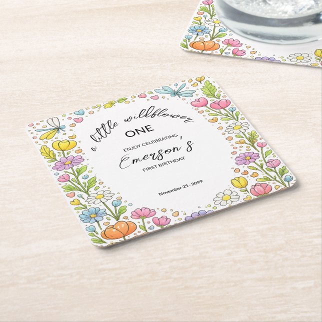 Whimsical Färgglad Liten Vildblomma 1-års Födelsed Underlägg Papper Kvadrat (Vinklad)