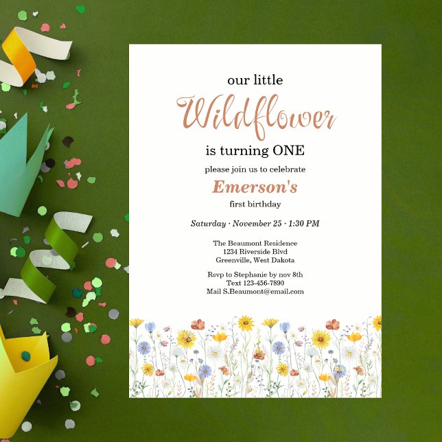 Whimsical Färgglad Vildblomma 1-års Födelsedagsfes Inbjudningar (Skapare uppladdad)