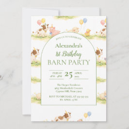 Whimsical Farm Animals Pastel 1st Birthday Inbjudningar