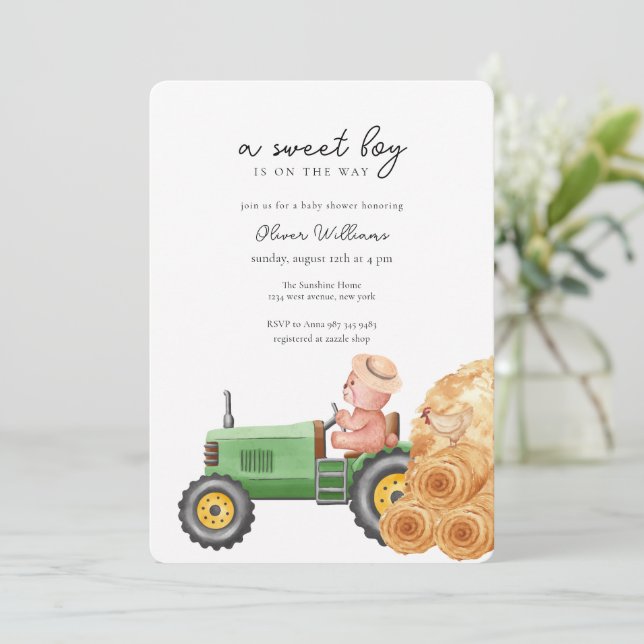 Whimsical Farmer Traktor Teddybjörn Baby Shower  Inbjudningar (Stående Fram)