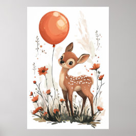 Whimsical Fawn Holding Orange Balloon in Wildflowe Poster
