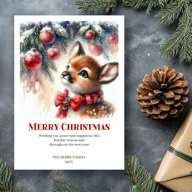Whimsical Fawn Watercolor Vinter Julkort  (Whimsical Fawn Watercolor Winter Christmas Card Christm)