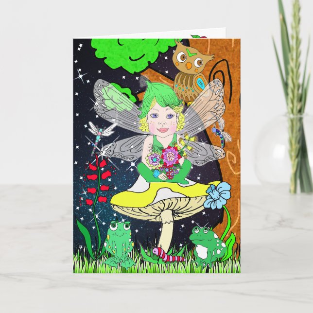 Whimsical Fe-älva på magisk svamp födelsedag Kort (Framsida)
