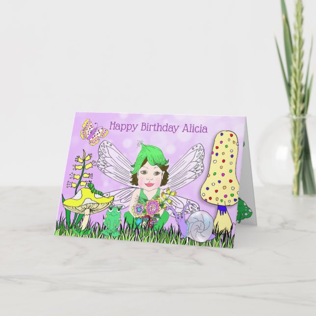 Whimsical Fe-älva på magisk svamp födelsedag Kort (Framsida)