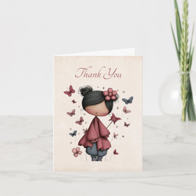 Whimsical Fe-Docka Retro Söt Tack Kort (Framsida)