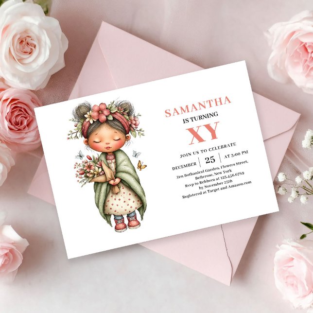 Whimsical Fe-flicka Födelsedag Rosa Blommig Magi Inbjudningar (Whimsical Fairy Girl Birthday Pink Floral Magic invitation)