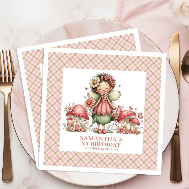 Whimsical Fe Pink Blommor Rosé Födelsedagsservett Pappersservett (Whimsical Fairy Pink Flowers Blush Birthday Napkins)