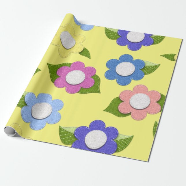Whimsical Felt Stil Flowers Söt Presentpapper (Utrullad)