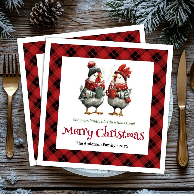 Whimsical festive chickens napkin with custom name pappersservett (Modern Quirky Chickens Editable Cartoon Red Green Christmas Napkins

)