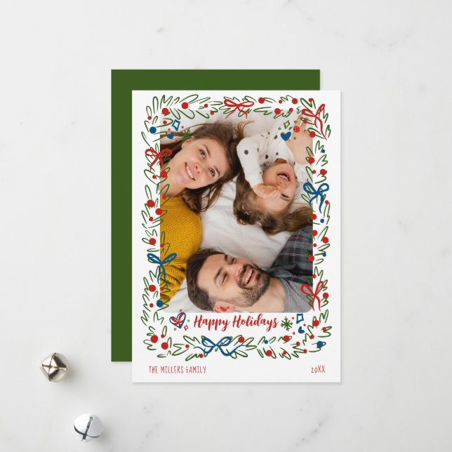 Whimsical festive Christmas Photo Card wreath Julkort (Fram/Back In Situ)