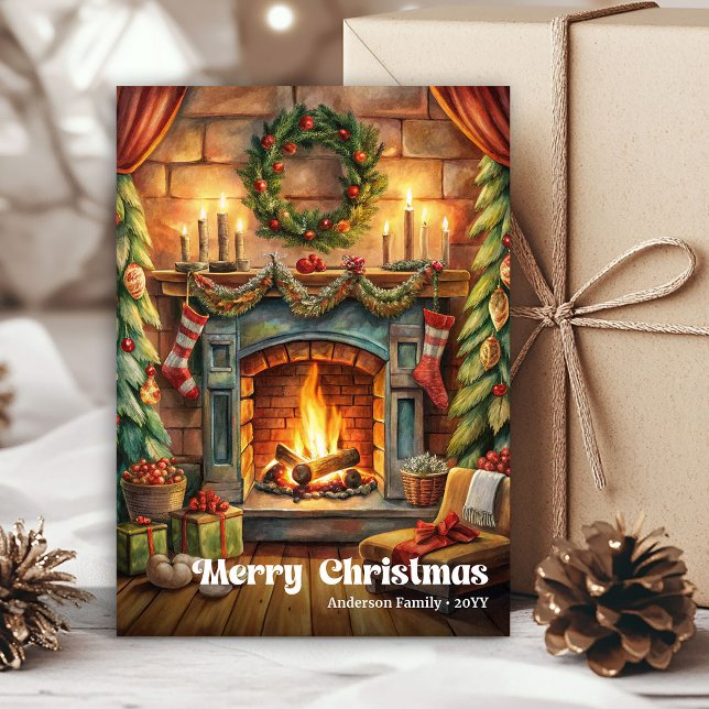 Whimsical festive scene in classic red and green julkort (Whimsical festive scene in classic red and green Holiday Card)