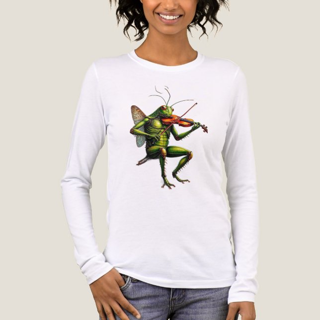 Whimsical Fiddler Gräshoppa Grafik Långärmad  T Shirt (Framsida)