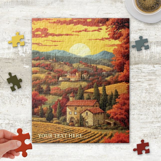 Whimsical Fine Art Toskana Italien Puzzle Pussel (Puzzle featuring a whimsical fine art painting of Tuscany, Italy at sunset)
